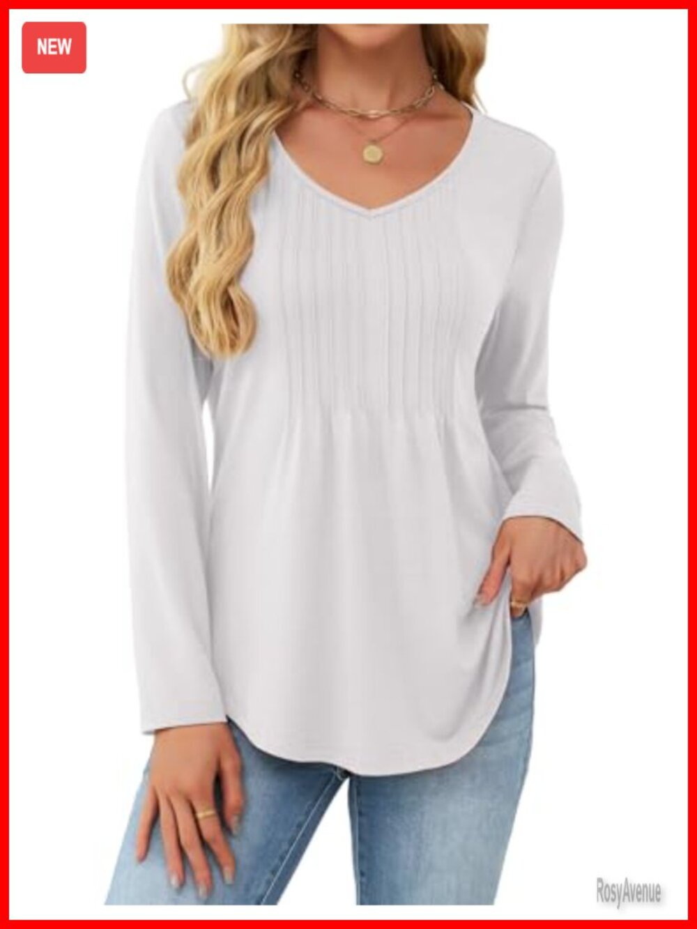 Women's Pleated V Neck Long Sleeve Tunic Blouse Loose Fit
